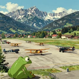 a ultra photorealistic and sharp film still of an a sunny and colourful airfield in 1 9 1 6 in the middle of the bavarian alps, germany. parking and flying airplanes, wide shot, frog perspective, wes anderson, studio ghibli, pixar and disney animation, octane render, anime key art by greg rutkowski, dramatic lighting, award winning photography