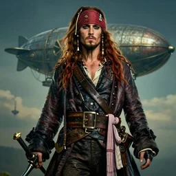 portrait painting of a 3 0 years old rugged masculine male pirate long long hair soft hair flowing hair crimson hair upper body only long coat elegant rugged handsome floating mechanical zeppelin in background, unreal render cinematic lighting art 1 9 2 0 period drama by bussiere rutkowski andreas rocha