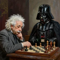 oil painting of einstein playing chess with darth vader