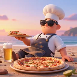 pizza chef character with sunglasses relaxing on the beach with a pizza in the sunset, foaming beer, dirty apron, extremely detailed 3 d render, octane render, octane, ray tracing, evening sky, 4 k, pixar