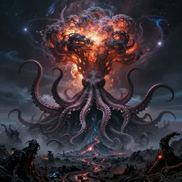 the deepest darkest surreal and evil volcanic island with with tentacles and huge explosions with creatures from the orion nebula and gigantic octopus like creatures hyper real