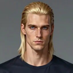 a tall, lean man with light tan skin, blue eyes, and shoulder - length, slicked - back blonde hair combed down to the nape of his neck, long face with sunken cheeks and a well defined jawline, three vertical scars over his left eye, dressed casually, art by greg rutkowski and artgerma