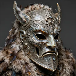 fantasy art ultra 4 k photo of a bizzare metal agate armor warrior mask made of ceramic fur and feather trim intricately spectacular magnificently story carved by a master engraver by h. r. giger