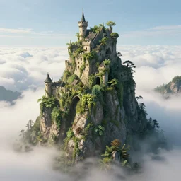 a castle on a tall mountain above the clouds that have a lot of plants and vines on it which makes it look old, digital art, fantasy, beautiful, day, detailed