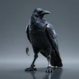 crow in cyber armour, portrait, digital art, studio, realistic reflections, ominous lighting, photo real render
