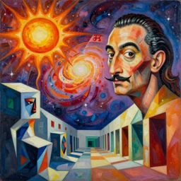 a detailed photorealistic surrealism painting of calligraphy cubism figures melting into a warm picasso galaxy landscape by dali and zaha hadid, vivid colors, complimentary colors, melting sun, melting 4d cubes, hallway landscape, 8k, hd, high quality, acrylic oil on canvas