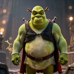 shrek as superman! in halo 5, splash art, movie still, cinematic lighting, dramatic, octane render, long lens, shallow depth of field, bokeh, anamorphic lens flare, 8 k, hyper detailed, 3 5 mm film grain