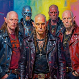 apocalyptic scifi orcish biker characters standing together in a group photo, psychedelic vibrant colors, futuristic punk rock fashion, oil painting by michael whelan art, perfect face, sharp focus, detailed eyes, realistic, leather jacket, 8 k