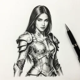 pen and ink portrait of liza soberano as darna wearing battle armor looking for camera, styled by john lee and allan howe, glamorous pose, fantastically fierce, highly detailed, desaturated colors, smooth, intricate line drawings, by craig mullins, ruan jia, kentaro miura, greg rutkowski, loundraw