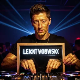 robert lewandowski as a dj play on toilet board in the club, photorealiscic face, golden skin, dark backgroud, lasers