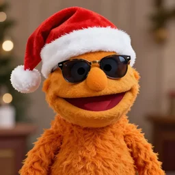 bip bippadotta, north pole, santa hat, orange fuzzy muppet, wearing sunglasses. sharp, uhd 4 k