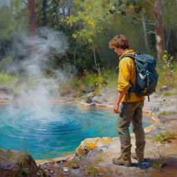 a prepared adventurer finding a colorful hotspring deep in the forest, oil painting, highly detailed, featured on artstation