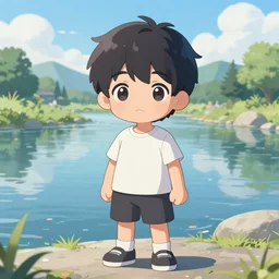 cute anime boy standing by a large river, digital art , highly detailed , high contrast, beautiful lighting, award winning , trending on art station, photorealistic, 8k