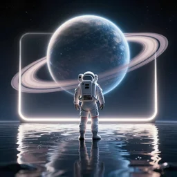 a vaporware render of an astronaut looking at a huge planet in the sky with rings through a glowing rectangle. there is shiny water reflecting everything from below. 8 k, unreal engine, blender, by caleb worcester