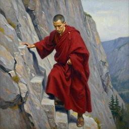 sienna portrait of the astute monk crimson robe climbing the treacherous mountain stairway to the monastery jamie wyeth james gilleard edward hopper greg rutkowski acrylic painting