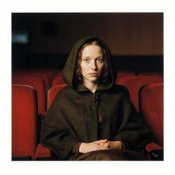 a woman in a hooded cloak, in a movie theatre, color photograph, by jan van eyck, canon eos c 3 0 0, ƒ 1. 8, 3 5 mm, 8 k, medium - format print
