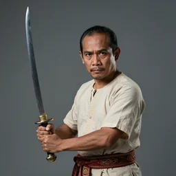 a medium shot, studio photographic portrait of gatot kaca by David Silis, wielding a keris sword,javanese mythology,concept art,realistic,photorealistic,8k