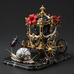 snail, insects, prism, hollow knight, pomegranade, horns, wide angle, italian masterpiece, Ashford Black Marble, baroque, draped with red Hibiscus and vines and spines, marble and gold, drapes, white details, beetle, still life, Obsidian, portrait, chariot, render, artstation, ultra detailed