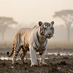 a mud covered white tiger in a foggy mud swamp at sunset, documentary photography, nikon 7 0 mm lens, award wining