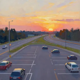 a beautiful illustration of a car parket near a highway at sunset, art of alena aenami, featured on artstation, vertical orientation, paint brush strokes, expressionism, brushstroke - laden