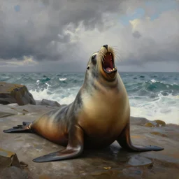 crazy screaming sea lion, upset a lot being woken up, oil painting by louis wain during late stages of mental illness, high resolution