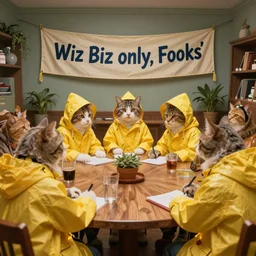 a meeting of cat wizards dressed in yellow raincoats. A banner that reads 'Wiz Biz only, Fools' adorns the hall in which the meeting is happening. Hypermaximalistic, hyper detailed 4k resolution photo realistic