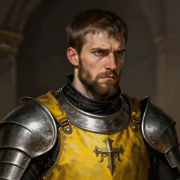 Closeup of frustrated male medieval sergeant with a {short} beard wearing a black!!!! and yellow tabard over a steel breastplate and a black gambeson hair visible, intricate, dramatic lighting, illustration by Greg Rutkowski, ArtStation, digital art, fantasy