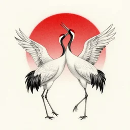 japanese cranes birds, red sun, pencil drawing, tattoo design