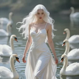 A beautiful woman with curvaceous body and long white hair, surrounded by swans, wearing a long flowy fabric, cinematic lighting, soft bokeh, sci-fi, modern, colourful, highly detailed, digital painting, artstation, concept art, sharp focus, illustration, by WLOP