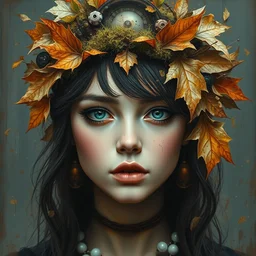 centered portrait of beautiful steampunk girl by irakli nadar with intricate detailed color smashing fluid oil paint and acrylic, dried moss and dried autumn leaves headdress, melting wax, mycelia, abstract impressionism, ruan jia, dark fantasy, hyper detailed, concept art, by gustav klimt,