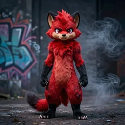 photo ( far _ shot ), subject [ furry _ fandom _ fursona _ original _ character ( red - black, anthropomorphic _ humanoid _ furry, weasel - ferret - stoat ) ], background ( dark _ smokiness ), medium [ graffiti ], artist ( spake _ the _ weasel )