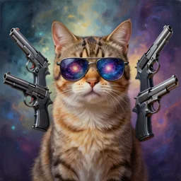 hyperrealistic painting of a cat with galaxy glasses, left and right surrounded by realistic guns and pistols, abstract background, mystical light 8 k octane render, unreal engine, highly detailed