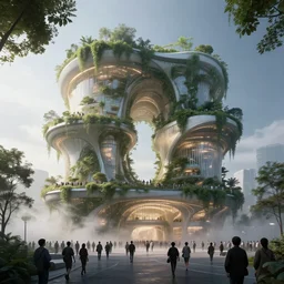 a futuristic building with biophilic architecture by koichi takada, crowds of people, cinematic, dramatic lighting, hyperrealism, volumetric, misty, beautiful, unreal engine 5 highly rendered, 8 k