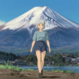 beautiful silver hair young woman walking up Mount Fuji in the style of studio ghibli manga