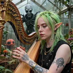 4k headshot sexy elf Billie Eilish playing a harp for Spawn in a greenhouse on mars by Craig Mullins, ilya kuvshinov, krenz cushart, artgerm trending on artstation by Edward Hopper and Dan Mumford and WLOP and Rutkovsky, beksinski carl spitzweg moebius and tuomas kocar, intricate artwork by caravaggio, Unreal Engine 5, Lumen, Nanite