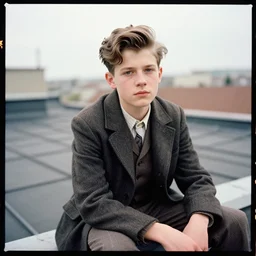 kodak portra 4 0 0, 8 k, highly detailed, britt marling style 3 / 4 photographic close, colour portrait of a handsome boy is sitting on a rooftop, up face with 1 9 2 0 s hairstyle, 1 9 2 0 s clothing style, asymmetrical, hasselblad x 1 d - 5 0 c, 1 0 0 mm f 1. 8, soft light