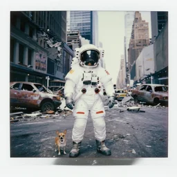 american white spacesuit astronaut with oversized helmet and chihuahua in postapocalyptic abandoned destroyed times square, wrecked buildings, destroyed flipped wrecked cars, giant crater in distance, polaroid photo, vintage, neutral colors, by gregory crewdson