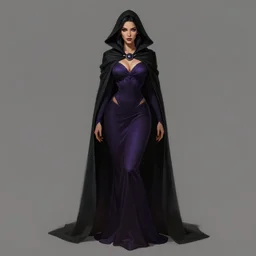 Fantasy portrait, Necromancer, female, alluring, beautiful face, dark garments, dark pruple robes, midriff, Black cloak from neck to ankles, pin-up, shapely derriere, matte painting, by WLOP, artstation