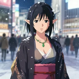 a beautiful shibuya 1 0 9 female elf with haori and kimono decollete and jewelry | | snowy, realistic shaded, unpleasant face, channel, fasion, fine details, realistic shaded lighting poster by makoto shinkai, jeremy lipkin, michael garmash, magali villeneuve, artgerm, jeremy lipkin and michael garmash