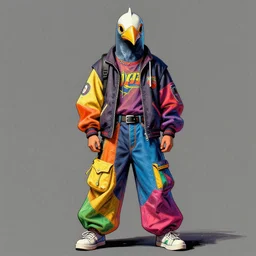 illustration of model in plastic bird mask wearing baggy colorful 9 0 s designer clothing by frank frazetta.