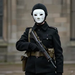 ww 2 british sas female masked operative with the standard black uniform and a white porcelain crow mask, artstation, trending on artstation, establishing shot, by simon stalenhag