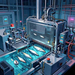1 9 7 9 edition of automated tokyo fish processing plant. art in the style of vincent di fate's cyberpunk 2 0 2 0.