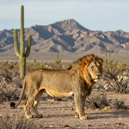 photo of a lion, in the Texas desert, cactus, desert mountains, big bend, 50mm, beautiful photo,
