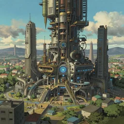 decaying future city in the style of studio ghibli, beautiful, technology, hyperdetailed, hyperrealism, dystopian