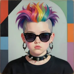 a chubby young goth girl an asymmetrical colorful ombre mohawk wearing oversized euro design sunglasses, a spiked collar, and a black tshirt. high key, anaglyph lighting, detailed character design, melancholic complex flat geometric minimalism by oskar schlemmer, moebius, nagel, john berkey, oil on canvas, portrait facial head, featured on artstation, hd wallpaper, anime art nouveau cosmic display