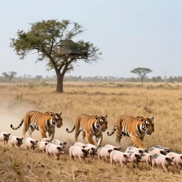 walter molino landscape, 1 0 0 0 tigers chasing 1 0 0 piglets