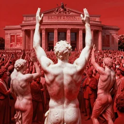 only with red detailed white stone male statures's back, sportspalast amphitheatre, crowd hails him, in the style of beksinski, parts by edward hopper, parts by rodcenko, parts by yue minjun, intricate and epic composition, red by caravaggio, insanely quality, highly detailed, masterpiece, red light, artstation, 4 k