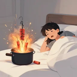 firecrackers exploding next to someone\'s bed in a pot as they are just waking up terrified by all the noise.