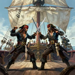 photo of pirates in a sword fight, on the deck of a sailing ship, fantasy concept art, trending on artstation