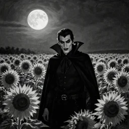 A painting of a vampire hunter in a field of sunflowers, with the full moon above. Film Noir. High Contrast Shadows. Black and White.